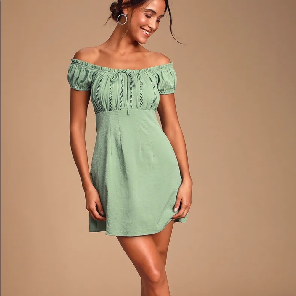 Lulus Wisteria Sage Green Embroidered Off-the-Shoulder Mini Dress Small